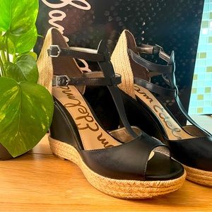 Sam Edelman KATARINA 4.5" Wedge Espadille Sandal, Black Leather, Size 9 M